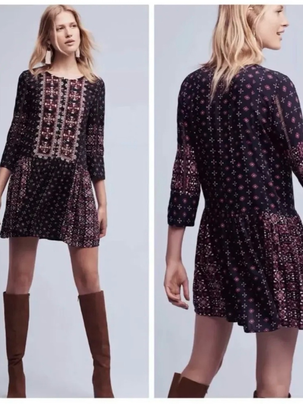 Embroidered Black Mini Dress with Pink Accents